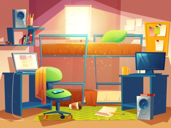 Vector Illustration of Dorm Room with Furniture - Backgrounds Decorative