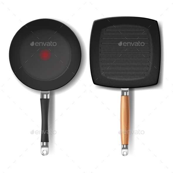 Vector Set with Two Realistic Black Frying Pans - Objects Vectors