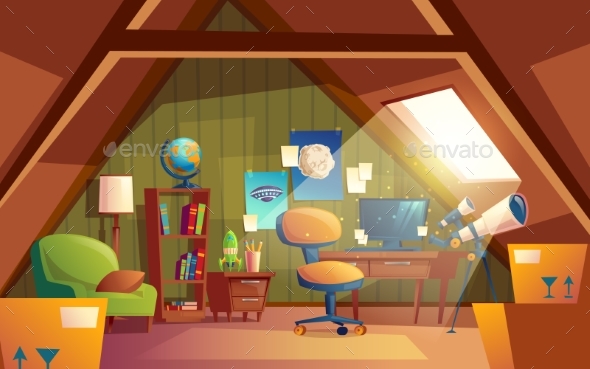 Vector Attic Interior, Children Playroom - Buildings Objects