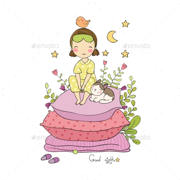 Girl and Cats. Good Night. Sweet Dreams. - Animals Characters