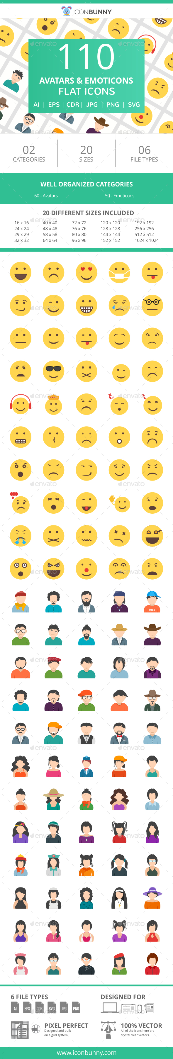 110 Avatars & Emoticons Flat Icons - Icons