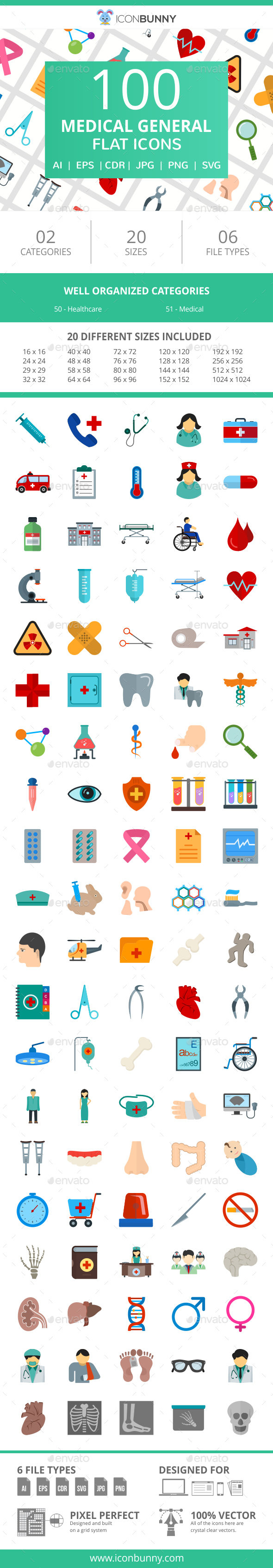 100 Medical General Flat Icons - Icons