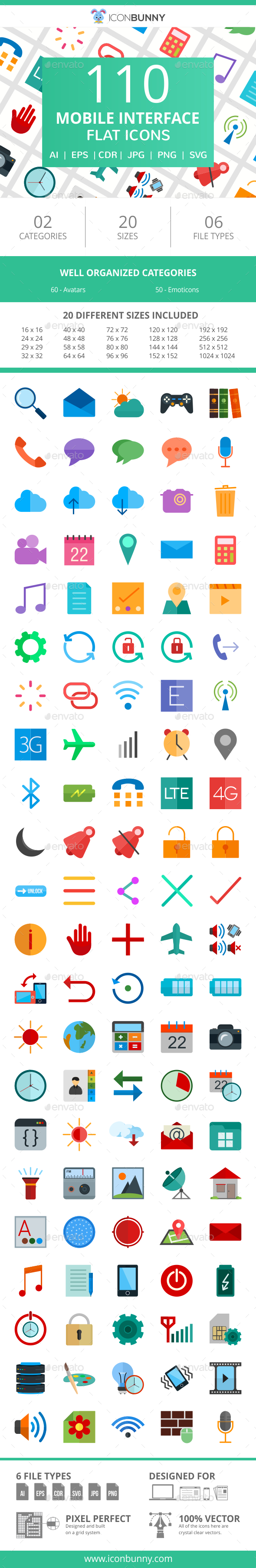 110 Mobile Interface Flat Icons - Icons