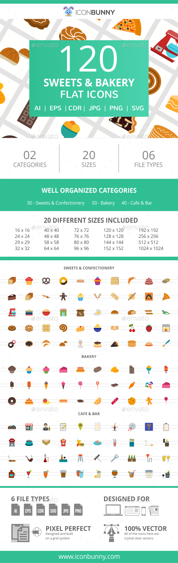 120 Sweets & Bakery Flat Icons - Icons