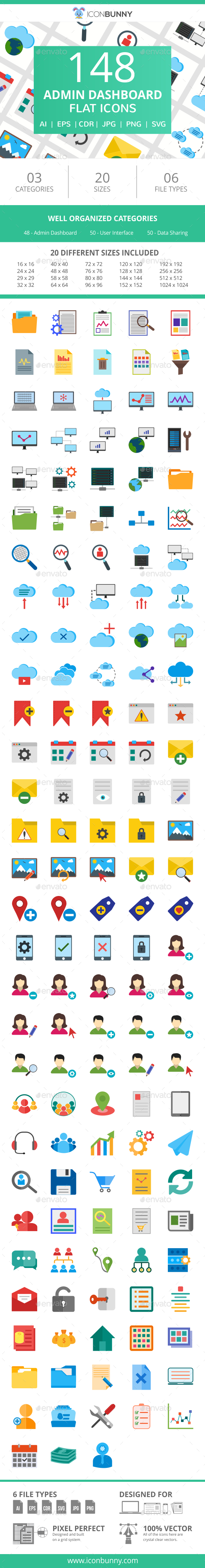 148 Admin Dashboard Flat Icons - Icons
