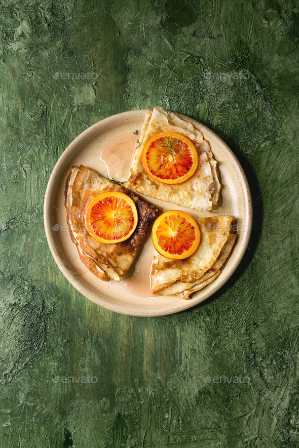 Pancakes with bloody oranges - Stock Photo - Images