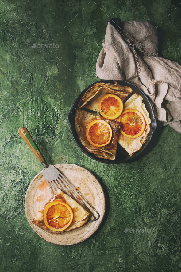 Pancakes with bloody oranges - Stock Photo - Images