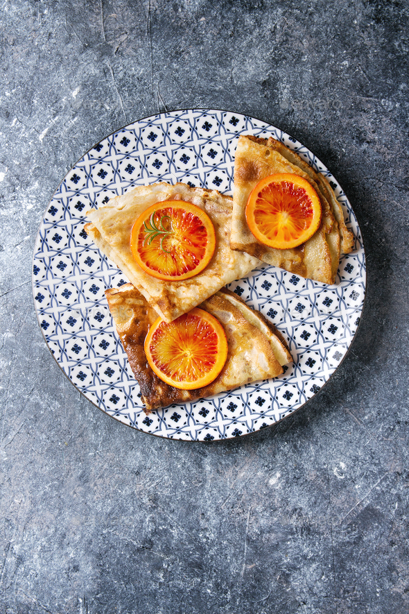Pancakes with bloody oranges - Stock Photo - Images