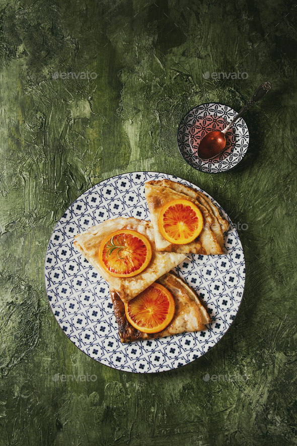 Pancakes with bloody oranges - Stock Photo - Images