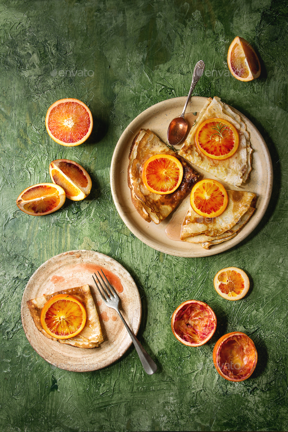 Pancakes with bloody oranges - Stock Photo - Images