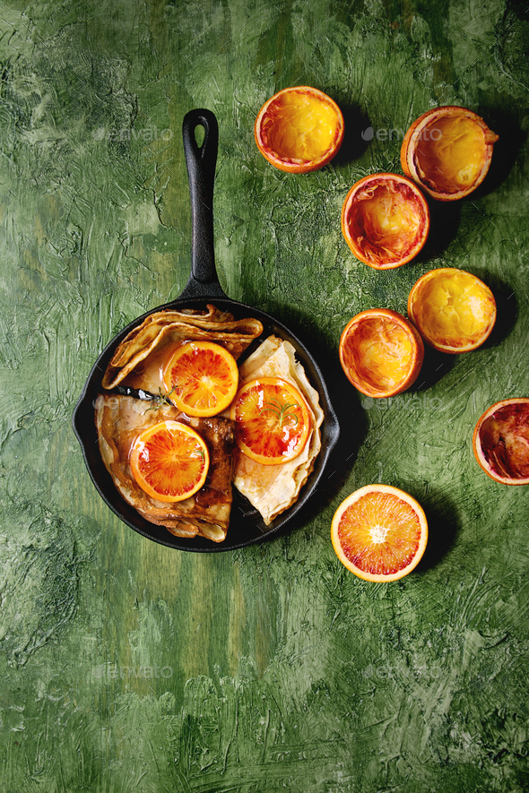 Pancakes with bloody oranges - Stock Photo - Images