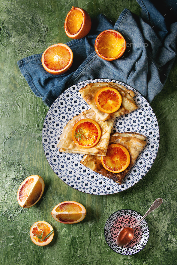 Pancakes with bloody oranges - Stock Photo - Images