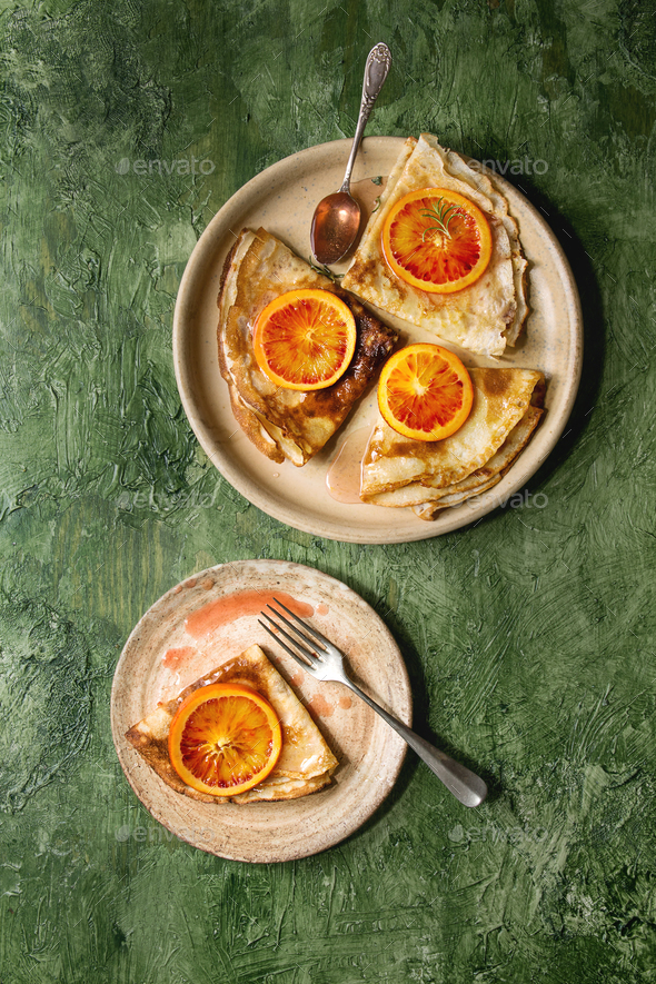 Pancakes with bloody oranges - Stock Photo - Images