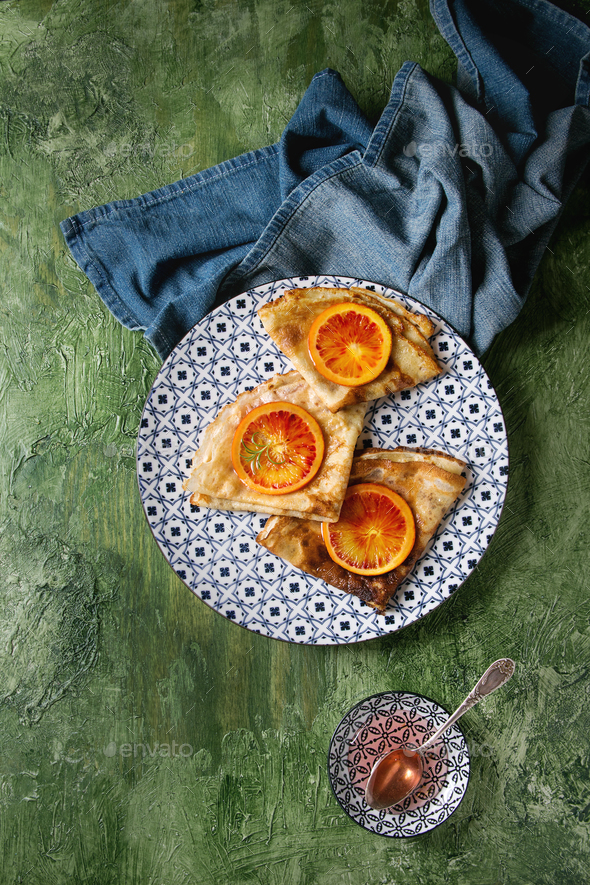 Pancakes with bloody oranges - Stock Photo - Images