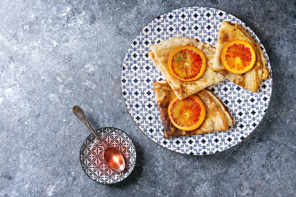 Pancakes with bloody oranges - Stock Photo - Images