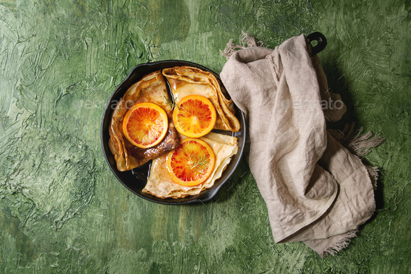 Pancakes with bloody oranges - Stock Photo - Images