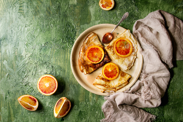 Pancakes with bloody oranges - Stock Photo - Images