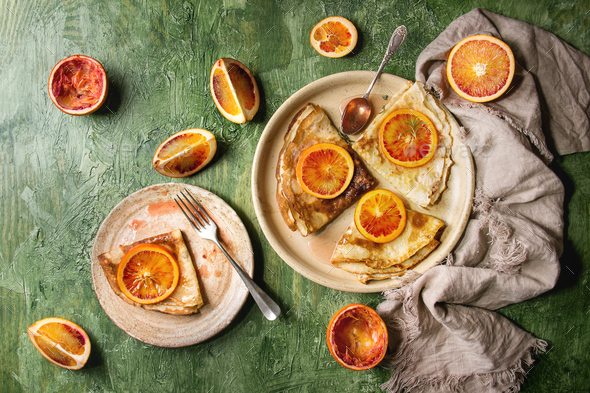 Pancakes with bloody oranges - Stock Photo - Images