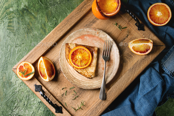 Pancakes with bloody oranges - Stock Photo - Images