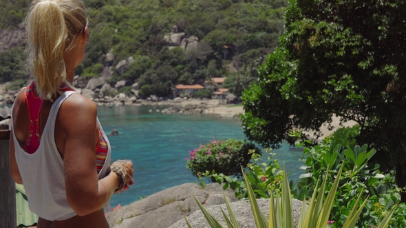 Tanned Sporty Female Enjoy Gorgeous View of Tanote Bay on Sunny Day. Light Ocean Breeze Ocean Breeze alt