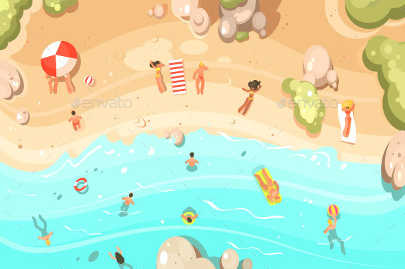 Summer Sandy Beach with Vacationers - Miscellaneous Vectors