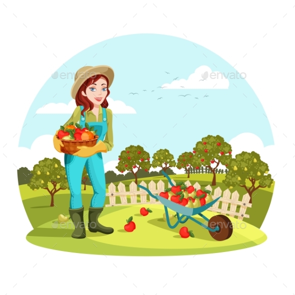 Woman or Female Gardener Holding Apples, Pears - Miscellaneous Vectors