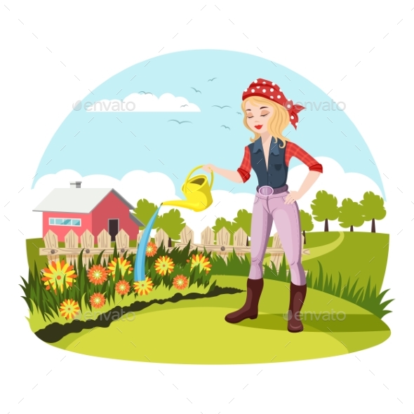 Woman Watering Flowers at Garden or Yard - Miscellaneous Vectors