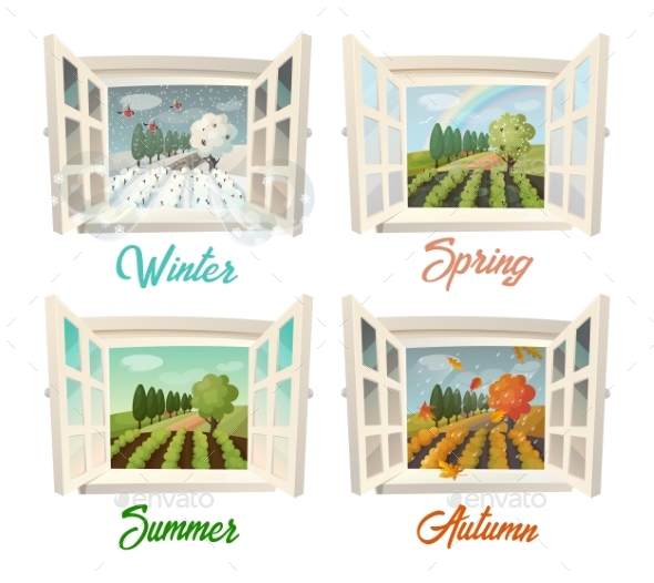 Summer and Winter, Spring and Autumn Village View - Flowers & Plants Nature
