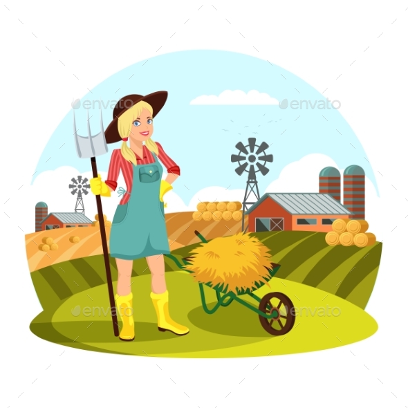 Woman with Pitchfork in Front of Field with Hay - Landscapes Nature