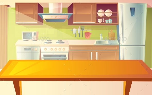 Vector Cartoon Illustration of Kitchen Interior - Backgrounds Decorative