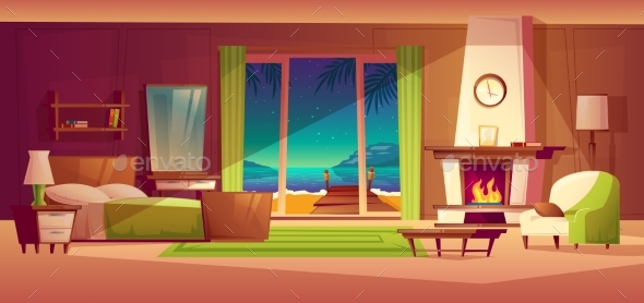 Vector Villa Interior. Bedroom of Tropical House - Man-made Objects Objects