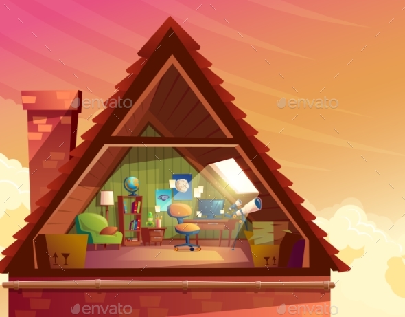 Vector Cartoon Illustration of Attic, Mansard - Buildings Objects