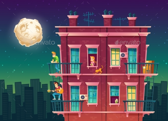 Vector Residential Multi-storey Apartment at Night - Buildings Objects