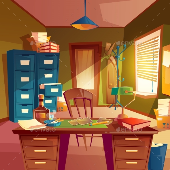 Vector Working Space of Detective, Office Room - Backgrounds Business