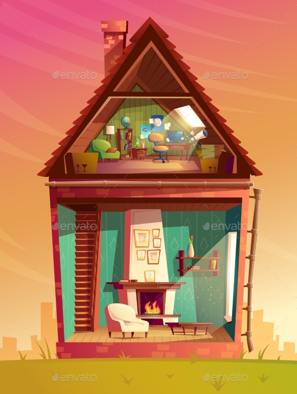 Vector House Interior in Section Cartoon - Buildings Objects