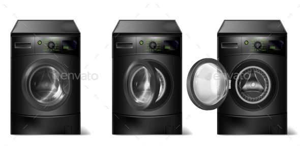 Vector Set of Realistic Black Washing Machines - Man-made Objects Objects