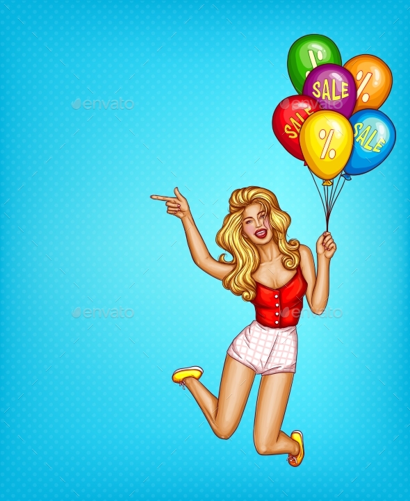 Vector Pop Art Woman, Balloons with Sale - People Characters