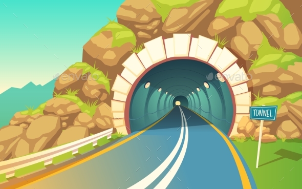 Vector Illustration of Tunnel, Highway - Buildings Objects