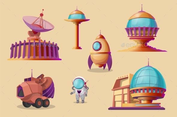 Vector Mars Colonization Cartoon Set - Communications Technology