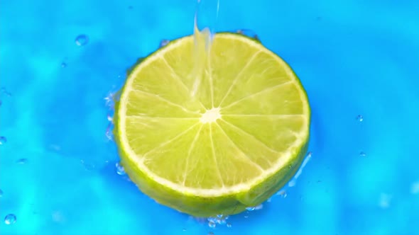 Water pours on green hue juicy lime on cyan background slow motion closeup. Lime slice water alt