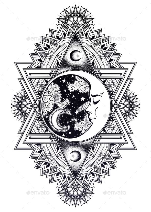 Frame with Crescent Moon Face, Stars and Clouds. - Nature Conceptual