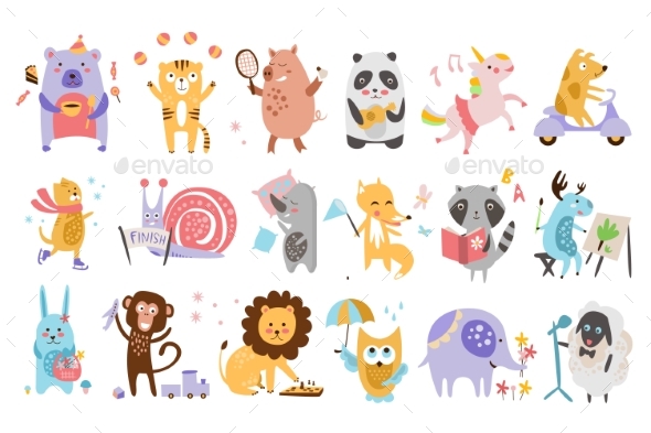 Flat Vector Set of Funny Cartoon Animals - Animals Characters