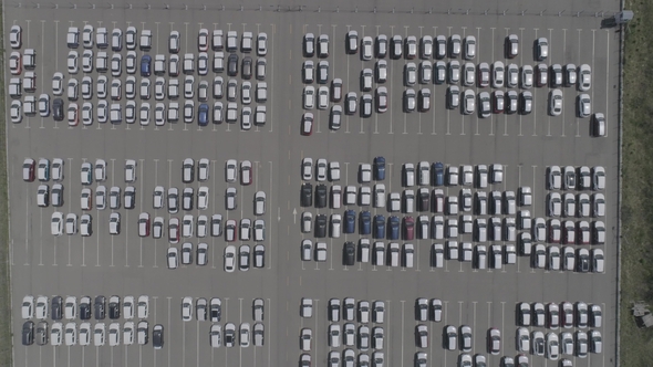 Aerial View of New Car Storage Parking Lot. Car Park View From Above.