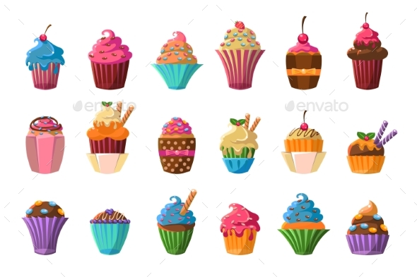 Sweet Cupcakes Big Set, Creamy Pastries Decorated - Food Objects