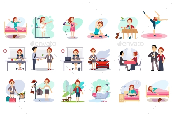 Active Day of Happy Woman. Daily Routine. Cartoon - People Characters