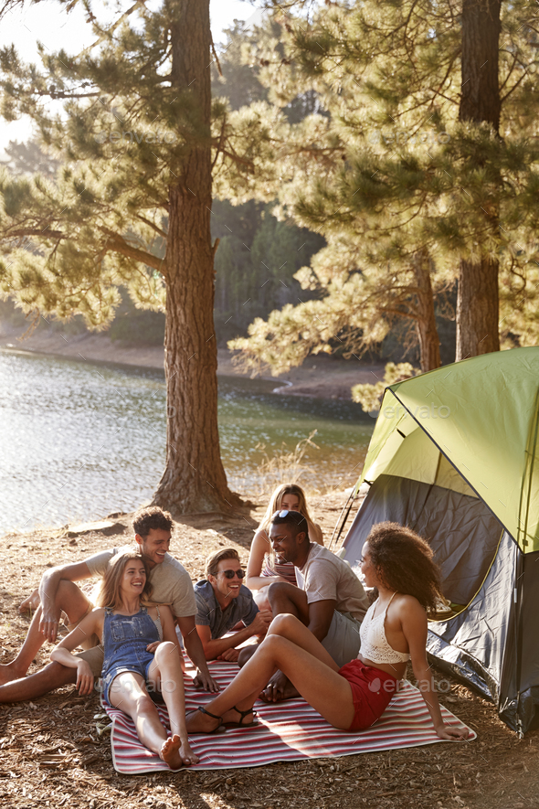 Friends relaxing on a blanket by a lake, vertical Stock Photo by monkeybusiness