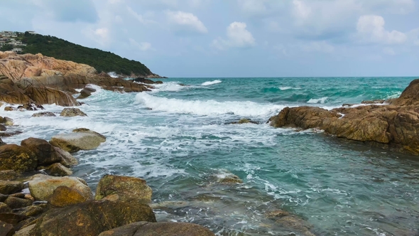 Beautiful Azure Sea Surf with Breathtaking Waves and Stone Rock. Thailand, Ko Samui.