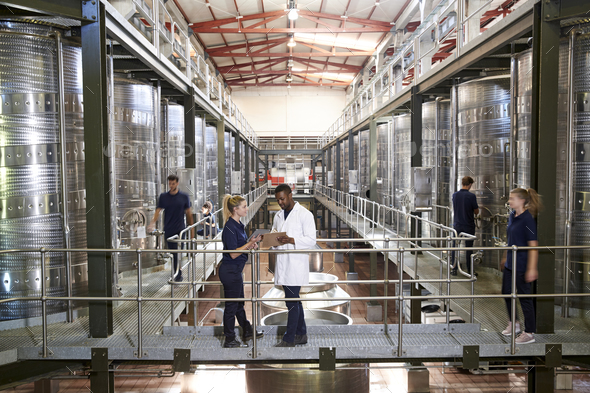 Two staff talking on gangway in a modern winemaking factory Stock Photo by monkeybusiness