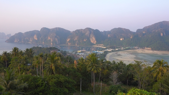 Phi-Phi Island Isthmus in the Morning, View From Viewpoint, Krabi Province, Thailand,