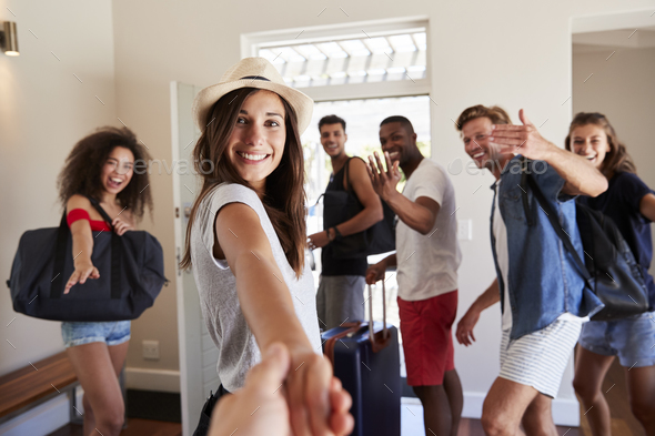 Point Of View Shot Of Friends Leaving Summer Vacation Rental Point Of View Shot Of Friends Leaving Summer Vacation Rental